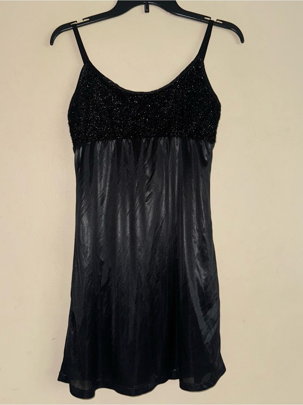 Vintage Free Paris Wool Blend Black Mini Slip Dress Satin Size XS/S